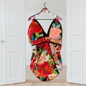 Time and Tru One Piece Floral Halter Swimsuit Full Coverage Seat Women's 16-18